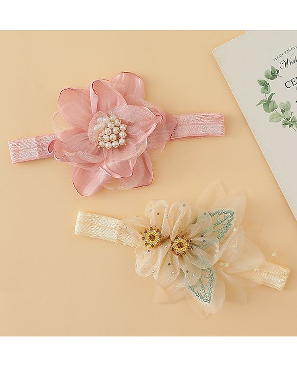 Babyhug Headbands with Floral Applique Pack of 2 - Dark Pink & Cream