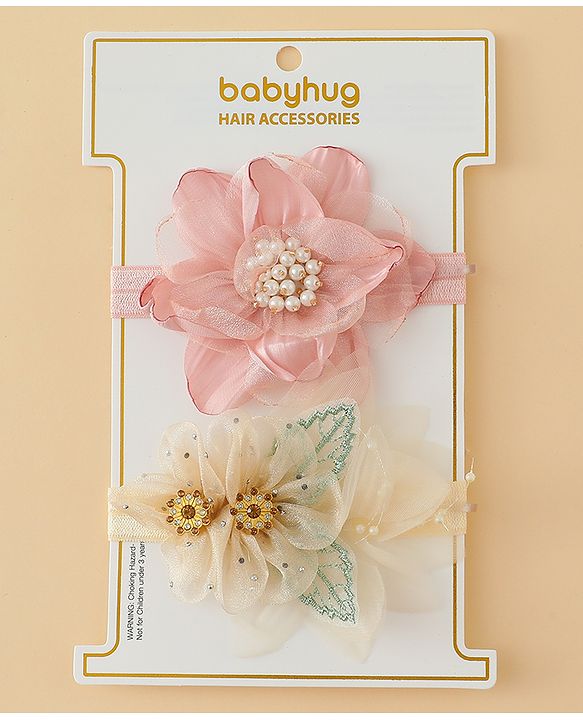 Babyhug Headbands with Floral Applique Pack of 2 - Dark Pink & Cream