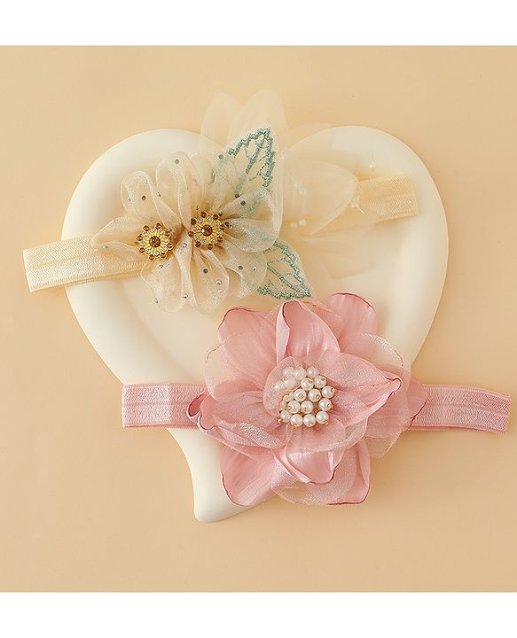 Babyhug Headbands with Floral Applique Pack of 2 - Dark Pink & Cream