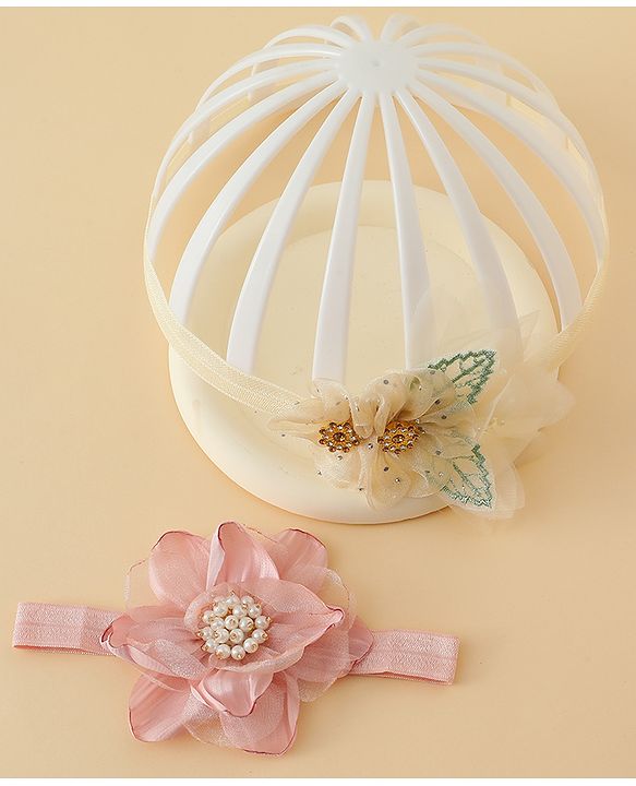 Babyhug Headbands with Floral Applique Pack of 2 - Dark Pink & Cream