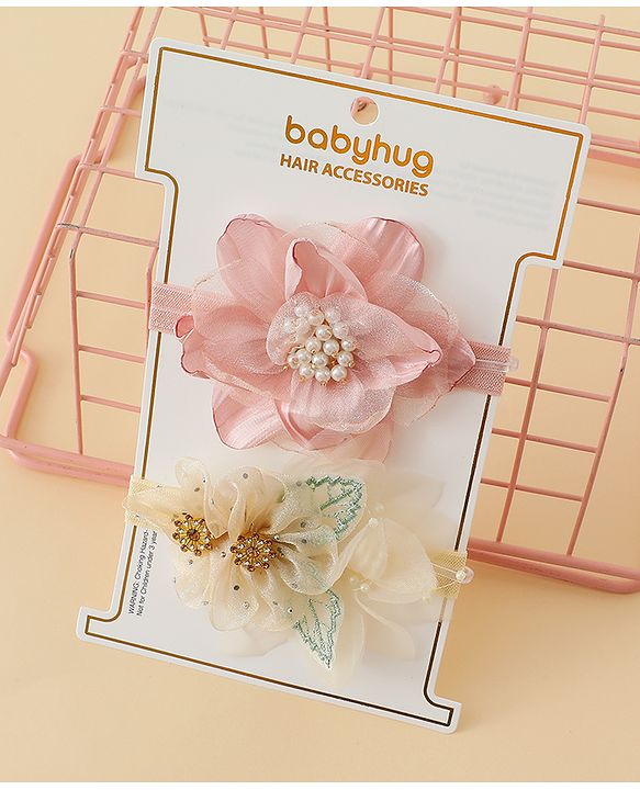 Babyhug Headbands with Floral Applique Pack of 2 - Dark Pink & Cream