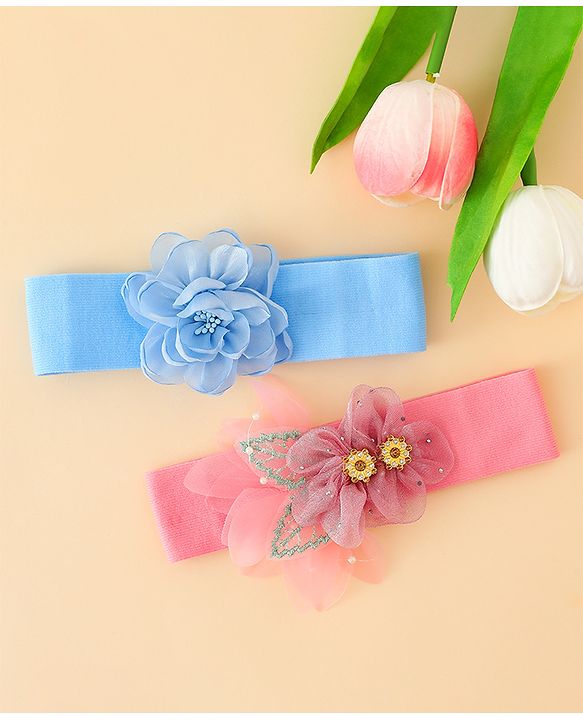 Babyhug Headbands With Floral Applique Pack of 2 - Blue & Pink