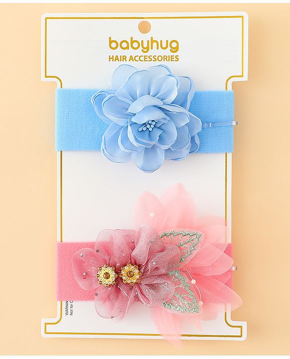 Babyhug Headbands With Floral Applique Pack of 2 - Blue & Pink