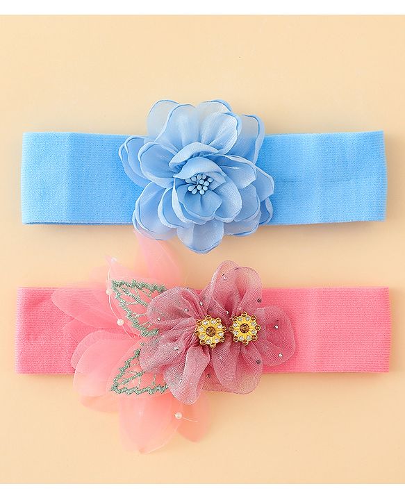 Babyhug Headbands With Floral Applique Pack of 2 - Blue & Pink