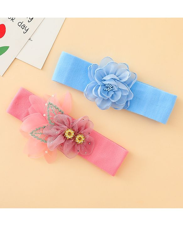 Babyhug Headbands With Floral Applique Pack of 2 - Blue & Pink
