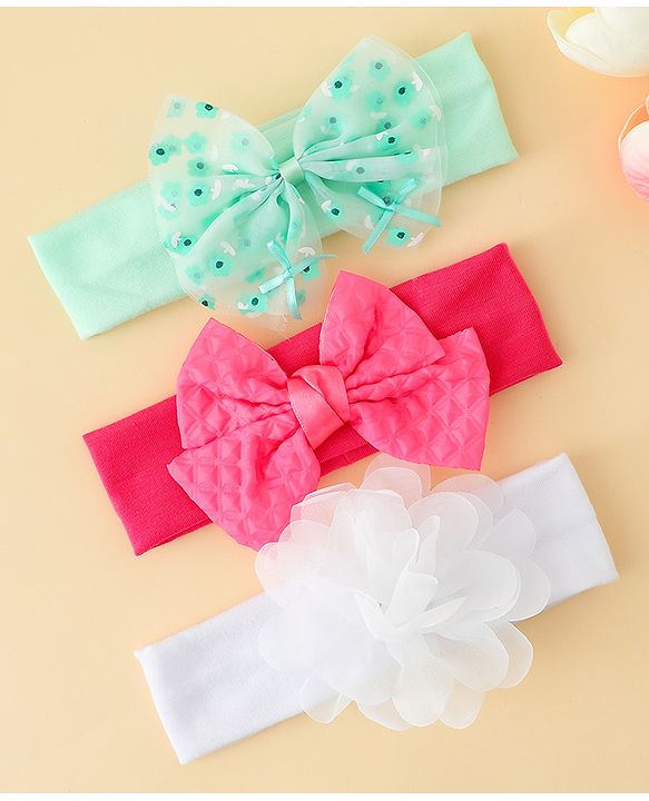 Babyhug Headbands with Bow & Floral Applique Pack of 3 - Sea Green Red & White