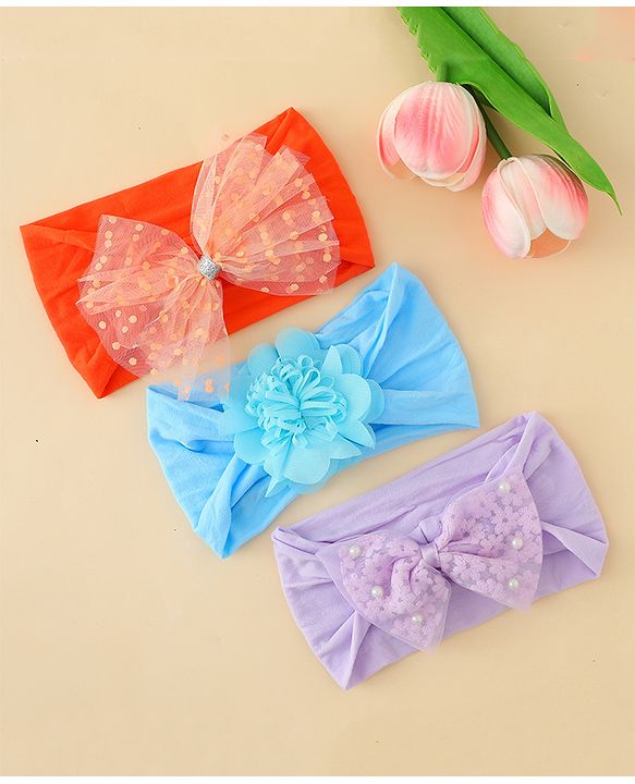 Babyhug Headbands  With Bow & Floral Applique Pack of 3-Red Light Blue & Plum