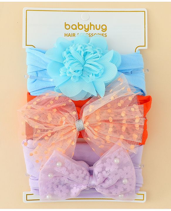 Babyhug Headbands  With Bow & Floral Applique Pack of 3-Red Light Blue & Plum