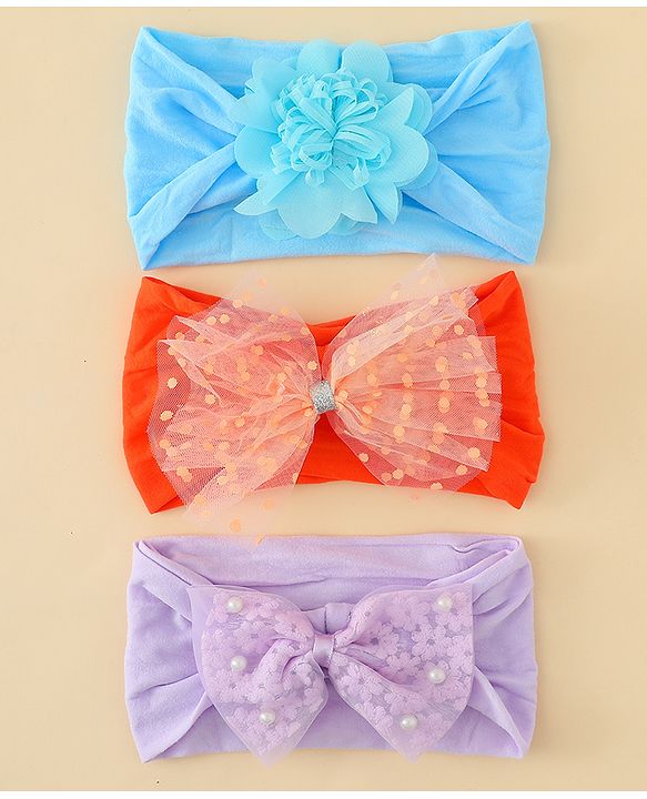 Babyhug Headbands  With Bow & Floral Applique Pack of 3-Red Light Blue & Plum