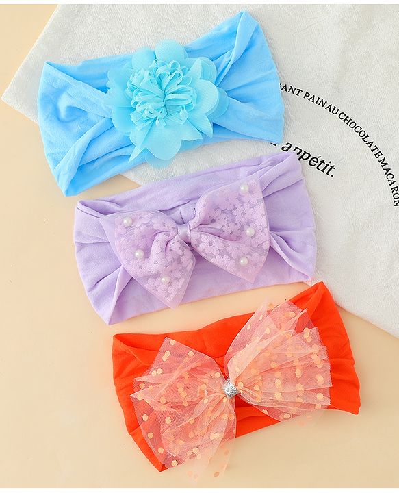 Babyhug Headbands  With Bow & Floral Applique Pack of 3-Red Light Blue & Plum