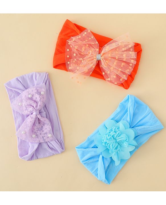 Babyhug Headbands  With Bow & Floral Applique Pack of 3-Red Light Blue & Plum