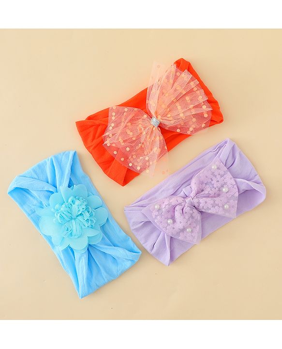Babyhug Headbands  With Bow & Floral Applique Pack of 3-Red Light Blue & Plum