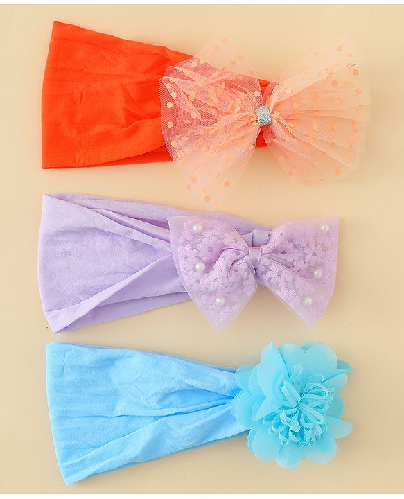 Babyhug Headbands  With Bow & Floral Applique Pack of 3-Red Light Blue & Plum