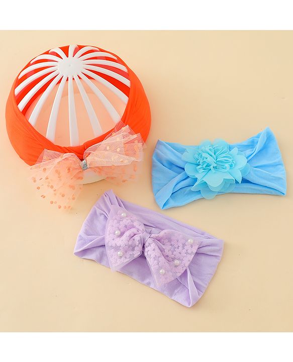Babyhug Headbands  With Bow & Floral Applique Pack of 3-Red Light Blue & Plum