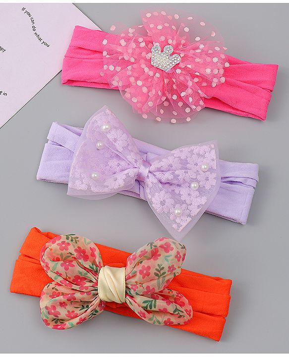 Babyhug Headbands With Bow Applique Pack of 3 - Multicolor