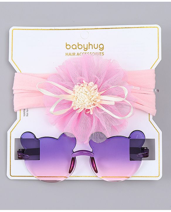 Babyhug Headband with Floral Applique  & Sunglasses Combo Set- Pink & Purple