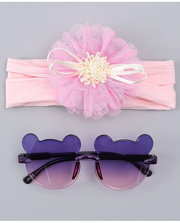 Babyhug Headband with Floral Applique  & Sunglasses Combo Set- Pink & Purple