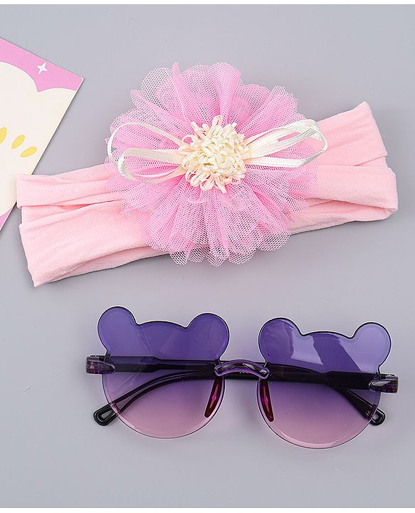 Babyhug Headband with Floral Applique  & Sunglasses Combo Set- Pink & Purple