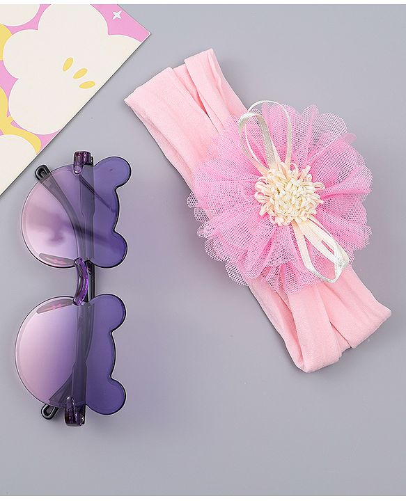 Babyhug Headband with Floral Applique  & Sunglasses Combo Set- Pink & Purple