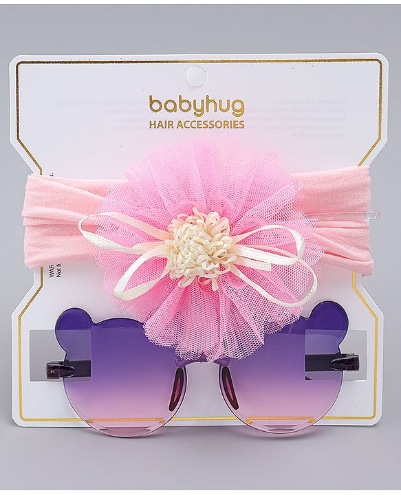 Babyhug Headband with Floral Applique  & Sunglasses Combo Set- Pink & Purple