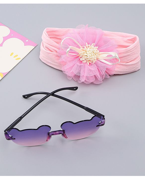 Babyhug Headband with Floral Applique  & Sunglasses Combo Set- Pink & Purple