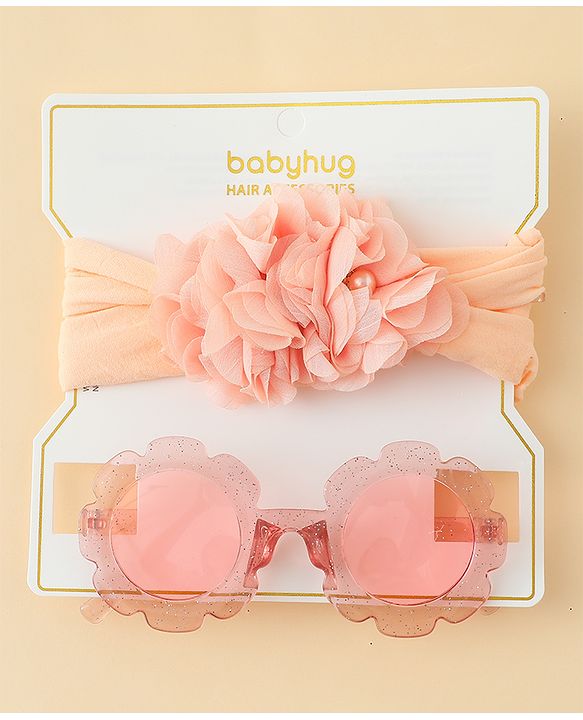 Babyhug Free Size Headband & Sunglasses Combo Set with Floral Applique - Pink & Peach