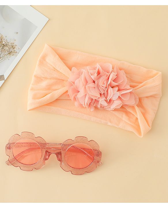 Babyhug Free Size Headband & Sunglasses Combo Set with Floral Applique - Pink & Peach