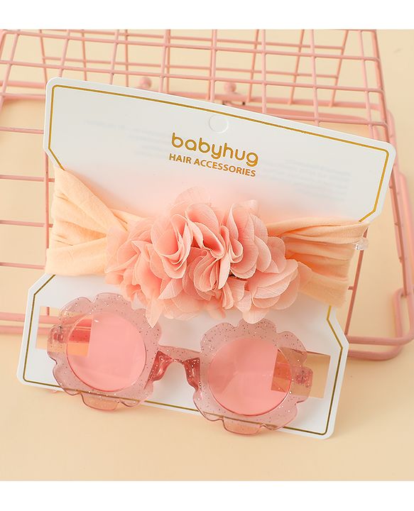 Babyhug Free Size Headband & Sunglasses Combo Set with Floral Applique - Pink & Peach