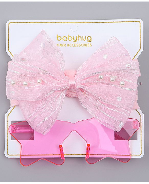 Babyhug Headband with Bow Applique  & Sunglasses Combo Set- Pink
