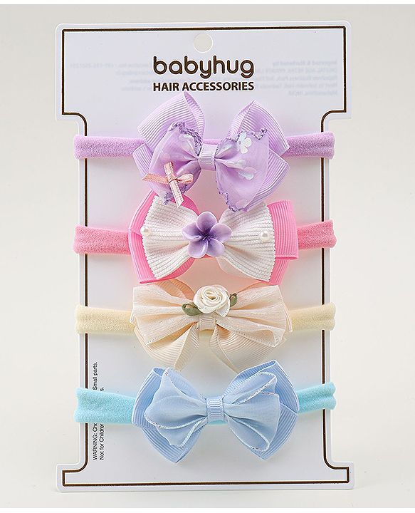 Babyhug Headbands with Bow Applique Pack of 4 - Purple Blue & Pink