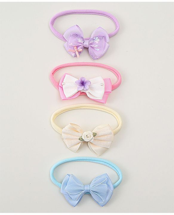 Babyhug Headbands with Bow Applique Pack of 4 - Purple Blue & Pink