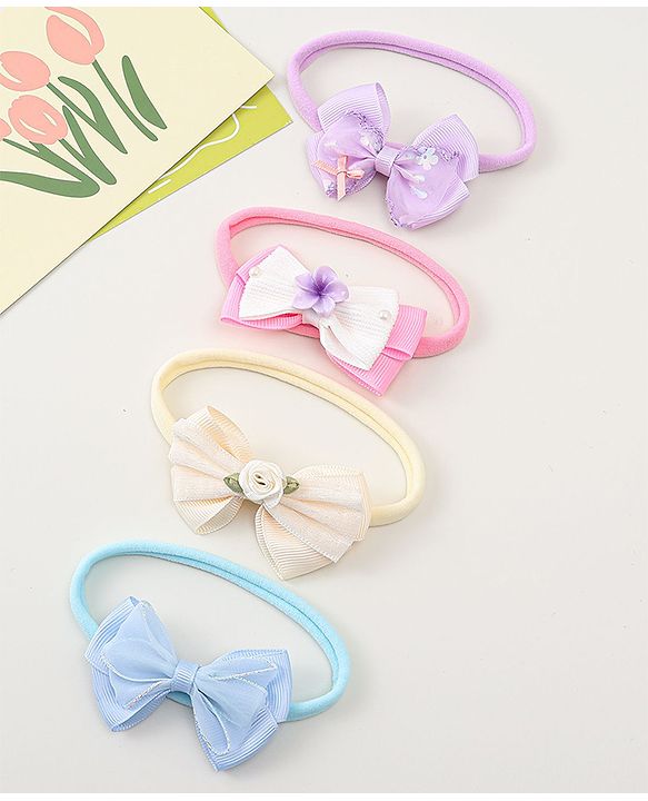 Babyhug Headbands with Bow Applique Pack of 4 - Purple Blue & Pink