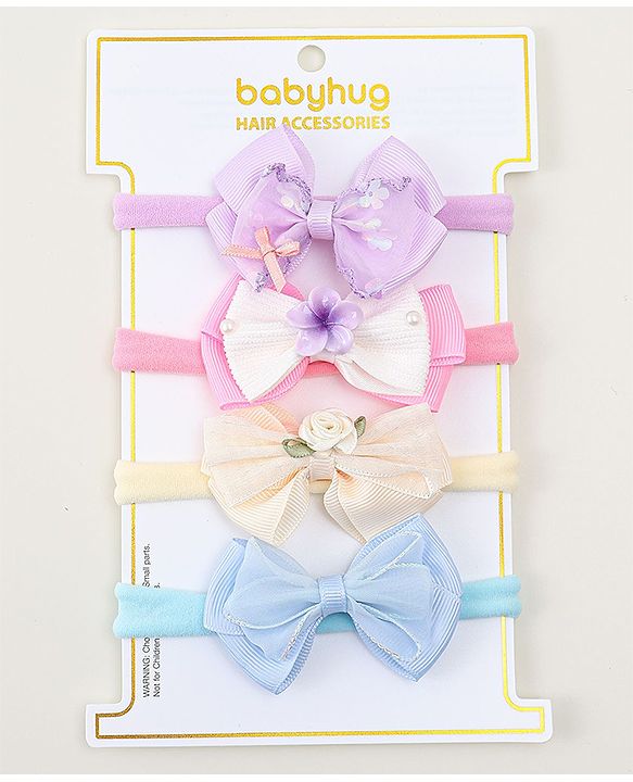 Babyhug Headbands with Bow Applique Pack of 4 - Purple Blue & Pink