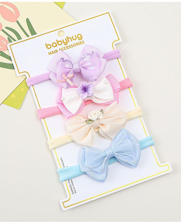 Babyhug Headbands with Bow Applique Pack of 4 - Purple Blue & Pink