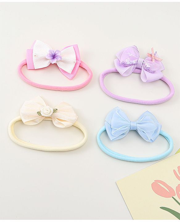 Babyhug Headbands with Bow Applique Pack of 4 - Purple Blue & Pink