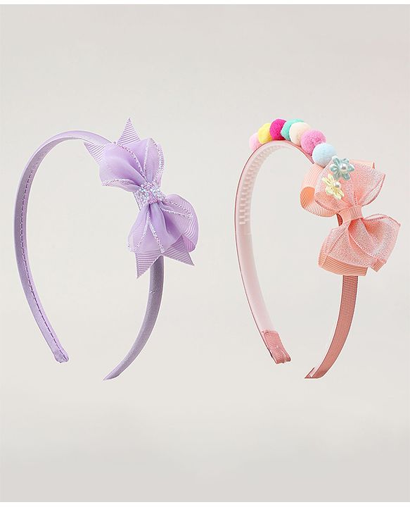 Babyhug Hair Bands With Bow Applique Pack of  2 - PInk & Purple