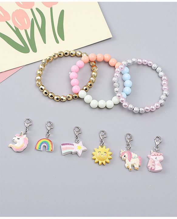Babyhug Bracelets With Unicorn & Rainbow Design With 6 Charms Pack of 3 - Multicolor