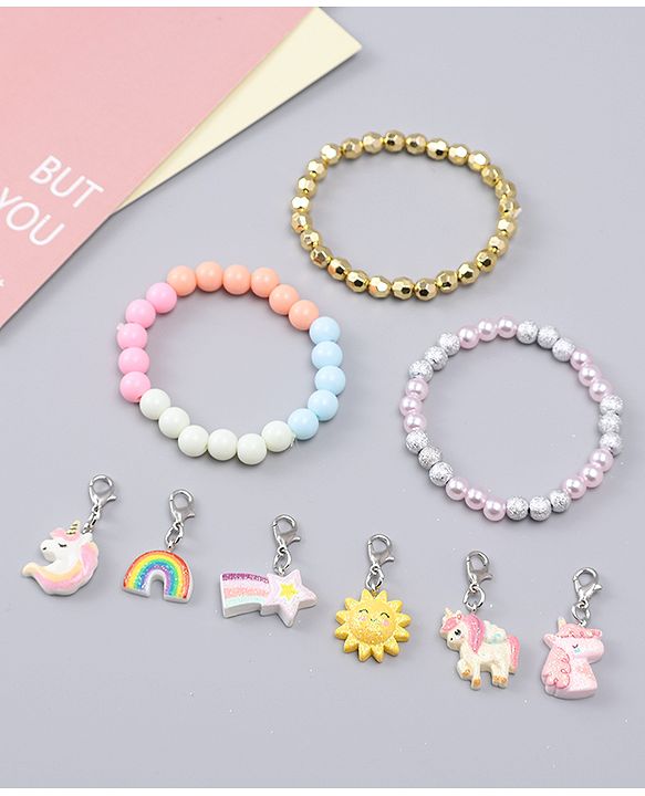 Babyhug Bracelets With Unicorn & Rainbow Design With 6 Charms Pack of 3 - Multicolor
