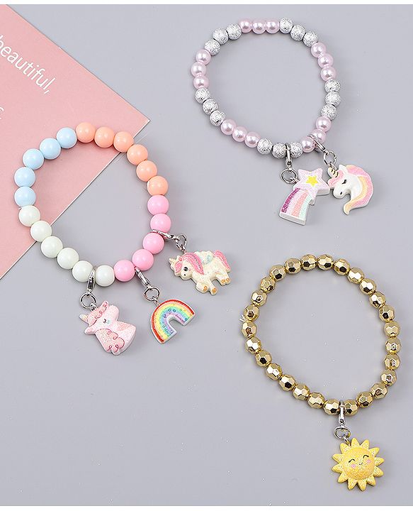 Babyhug Bracelets With Unicorn & Rainbow Design With 6 Charms Pack of 3 - Multicolor