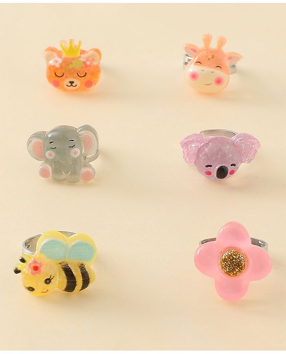 Babyhug Finger Ring Set with Floral & Animal Applique Pack of 6- Multi Colour