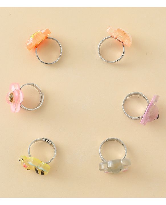 Babyhug Finger Ring Set with Floral & Animal Applique Pack of 6- Multi Colour