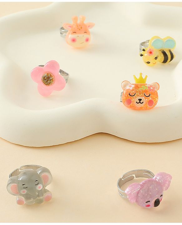 Babyhug Finger Ring Set with Floral & Animal Applique Pack of 6- Multi Colour