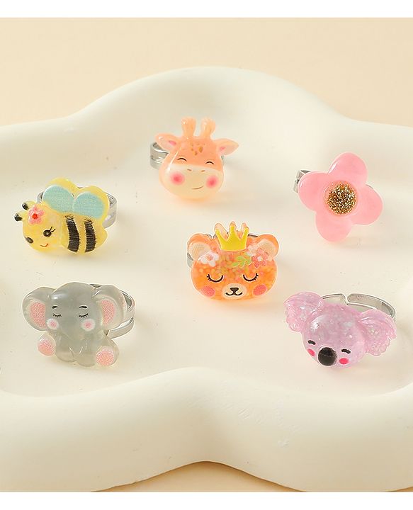 Babyhug Finger Ring Set with Floral & Animal Applique Pack of 6- Multi Colour