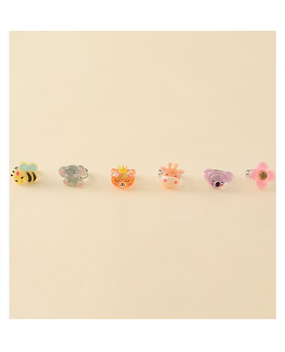 Babyhug Finger Ring Set with Floral & Animal Applique Pack of 6- Multi Colour