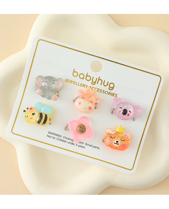 Babyhug Finger Ring Set with Floral & Animal Applique Pack of 6- Multi Colour
