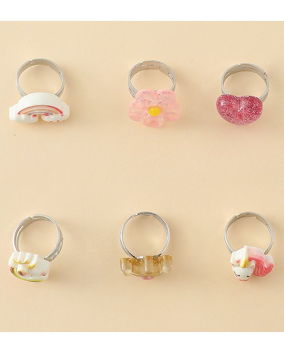 Babyhug Finger Ring Set With Floral Rainbow & Unicorn Applique Pack of  6- Multi Colour