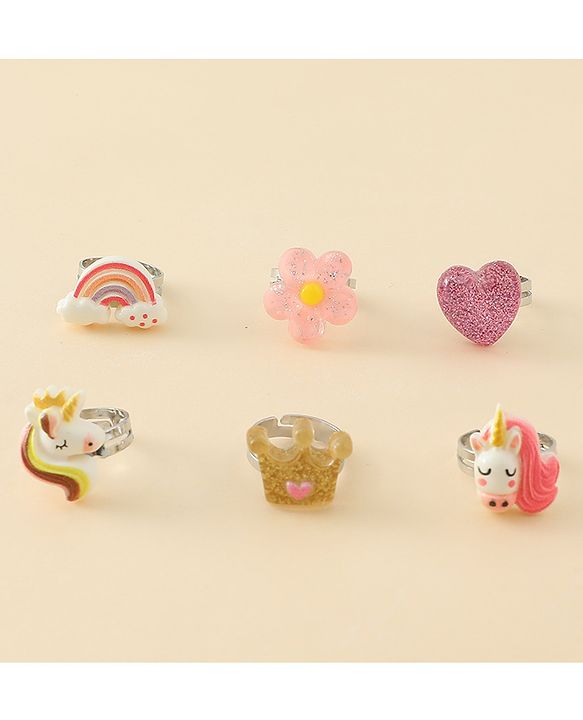 Babyhug Finger Ring Set With Floral Rainbow & Unicorn Applique Pack of  6- Multi Colour