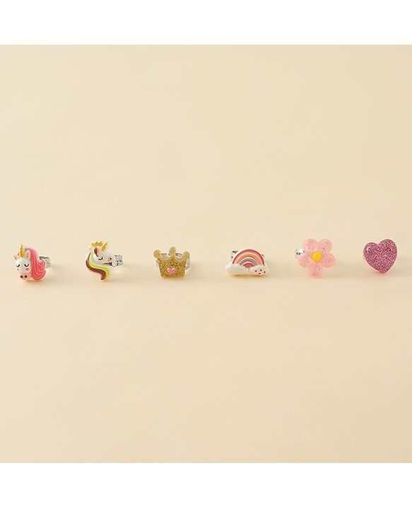 Babyhug Finger Ring Set With Floral Rainbow & Unicorn Applique Pack of  6- Multi Colour