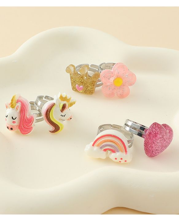 Babyhug Finger Ring Set With Floral Rainbow & Unicorn Applique Pack of  6- Multi Colour