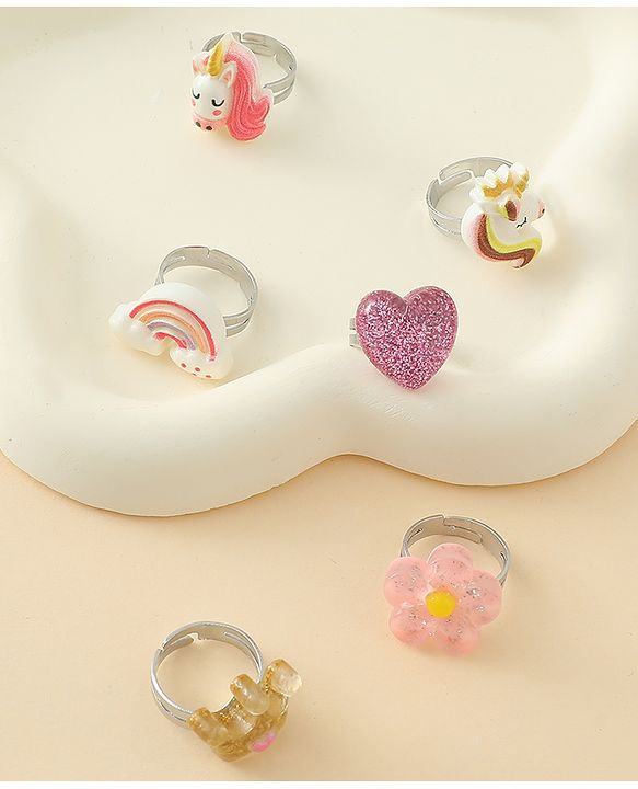 Babyhug Finger Ring Set With Floral Rainbow & Unicorn Applique Pack of  6- Multi Colour